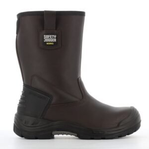 Ủng da bảo hộ Safety Jogger Boreas2 màu nâu nhìn ngang, cổ cao có quai kéo, ốp gót và mũi đen, đế PU/Rubber đen