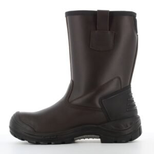 Mặt trong ủng da Safety Jogger Boreas2 nâu, ống cao có quai kéo da, ốp gót cao su đen, đế đen gai sâu