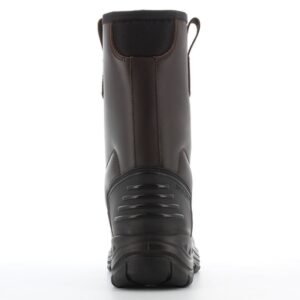Ủng Safety Jogger Boreas2 nhìn từ phía sau, ốp gót cao su đen có rãnh ngang, đường may dọc, miệng ống có đệm