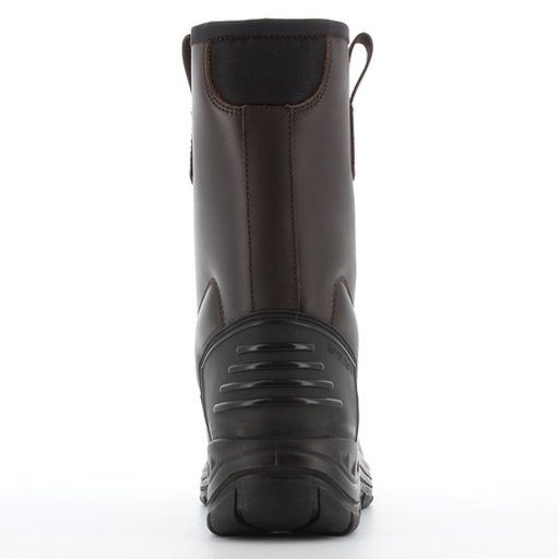 Ủng Safety Jogger Boreas2 nhìn từ phía sau, ốp gót cao su đen có rãnh ngang, đường may dọc, miệng ống có đệm