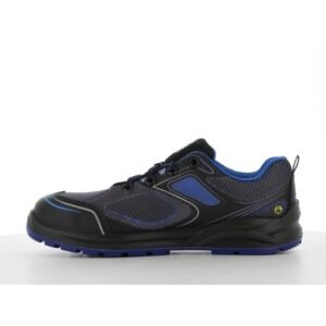 Giày bảo hộ thể thao Safety Jogger Cador S1P màu xám đen phối xanh dương nhìn ngang, thân lưới mesh, đế PU