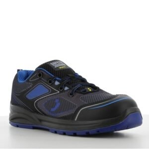 Giày Safety Jogger Cador S1P góc 3/4 phía trước, mũi giày phủ da tổng hợp, lưới thoáng khí phối xanh dương