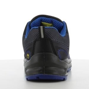 Giày Safety Jogger Cador S1P nhìn từ phía sau, gót giày có dải phản quang, lót trong xanh dương, đế PU viền xanh