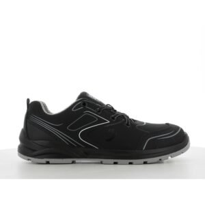Giày bảo hộ Safety Jogger Cador S3 Low màu đen buộc dây, viền xám bạc trên thân, đế PU/PU xám đen, nhìn ngang