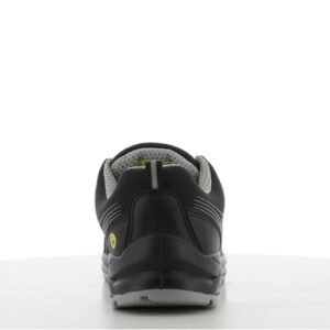 Giày Safety Jogger Cador S3 Low nhìn từ phía sau, gót đen có nhãn ESD, viền xám, cổ đệm lót xám, đế bản rộng