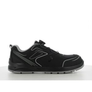 Giày bảo hộ Safety Jogger Cador S3 Low TLS màu đen, núm vặn khóa dây, viền xám, nhãn ESD vàng, nhìn ngang