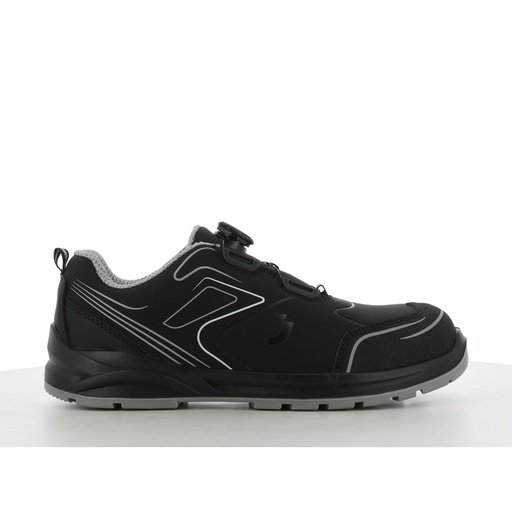 Giày bảo hộ Safety Jogger Cador S3 Low TLS màu đen, núm vặn khóa dây, viền xám, nhãn ESD vàng, nhìn ngang
