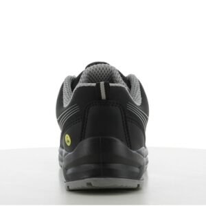 Giày Safety Jogger Cador TLS nhìn từ phía sau, gót đen có viền xám phản sáng, cổ đệm, đế PU/PU đen bản rộng