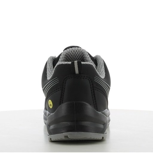 Giày Safety Jogger Cador TLS nhìn từ phía sau, gót đen có viền xám phản sáng, cổ đệm, đế PU/PU đen bản rộng