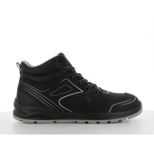 Giày bảo hộ Safety Jogger Cador S3 Mid cổ lửng màu đen buộc dây, viền xám bạc, đế PU/PU xám đen, nhìn ngang