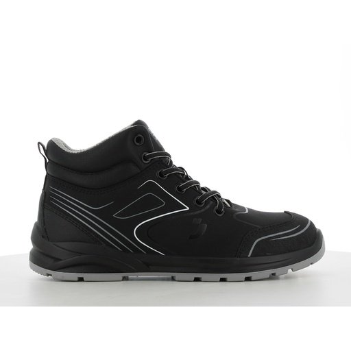 Giày bảo hộ Safety Jogger Cador S3 Mid cổ lửng màu đen buộc dây, viền xám bạc, đế PU/PU xám đen, nhìn ngang