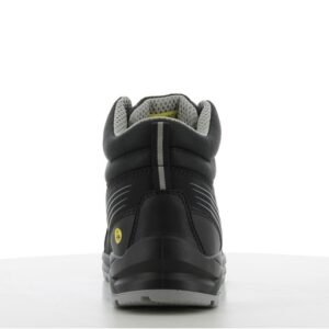 Giày Safety Jogger Cador S3 Mid nhìn từ phía sau, cổ lửng lót xám có quai kéo, gót đen nhãn ESD, đế bản rộng