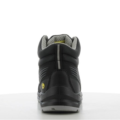 Giày Safety Jogger Cador S3 Mid nhìn từ phía sau, cổ lửng lót xám có quai kéo, gót đen nhãn ESD, đế bản rộng