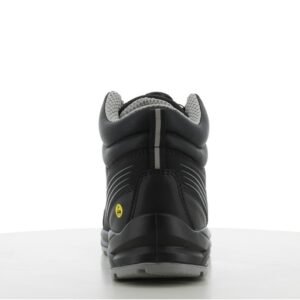 Giày Safety Jogger Cador Mid TLS nhìn từ phía sau, gót đen có nhãn ESD vàng, viền xám, cổ lửng đệm, quai kéo