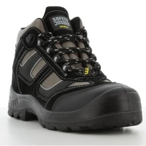 Giày bảo hộ Climber31 S3 góc 3/4 phía trước, mũi da đen, dây buộc đen trắng, nhãn Safety Jogger, phối vải xám