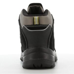 Giày Safety Jogger Climber31 S3 nhìn từ phía sau, gót có dải phản quang vàng, quai kéo, đế PU/PU đen