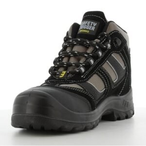 Cận cảnh giày bảo hộ Climber31 S3, mũi da đen, dây buộc đen trắng, logo Safety Jogger, phối vải xám, đế đen