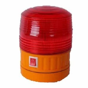 Đèn cảnh báo đế nam châm chạy 4 pin tiểu, chụp tròn màu đỏ có vân ngang, thân đế màu cam với công tắc bật tắt đỏ