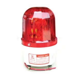 Đèn cảnh báo điện 12V dạng trụ, chụp nhựa đỏ có gân dọc, đế nhựa trắng dán tem, dây điện đỏ đen thò ra ở chân đế