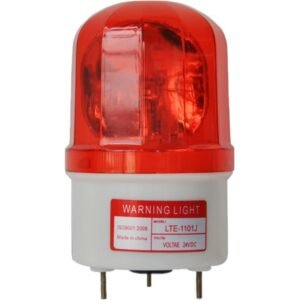 Đèn quay cảnh báo an toàn màu đỏ có còi tích hợp, hoạt động với điện áp 24VDC, model LTE-1101J, lý tưởng cho nhà xưởng và công trường.