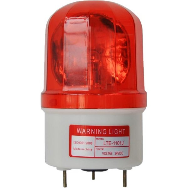 Đèn quay cảnh báo an toàn màu đỏ có còi tích hợp, hoạt động với điện áp 24VDC, model LTE-1101J, lý tưởng cho nhà xưởng và công trường.