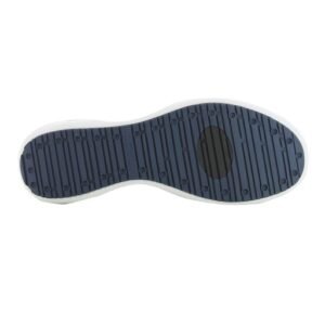 Đế dép Oxypas Remy nhìn từ dưới lên, đế xanh navy với các rãnh và hoa văn chống trơn, viền trắng mỏng