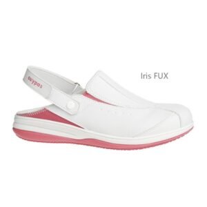 Dép y tế Oxypas Iris màu trắng phối hồng, kín mũi, quai hậu có chữ oxypas, lỗ thoáng trên thân, đế trắng viền hồng