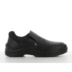 Giày bảo hộ Safety Jogger Dolce kiểu lười màu đen, nhìn ngang mặt ngoài, da Nappa trơn, dải chun hai bên cổ, đế PU/PU đen