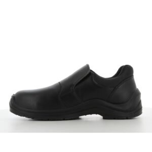 Mặt trong giày Safety Jogger Dolce màu đen kiểu lười, thân da trơn liền mảnh, cổ thấp có chun, đế PU/PU đen gai thấp