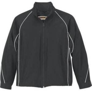 Áo đồng phục mùa đông màu đen than, tay raglan có đường viền trắng chạy từ cổ xuống sườn, cổ đứng, khóa kéo giữa