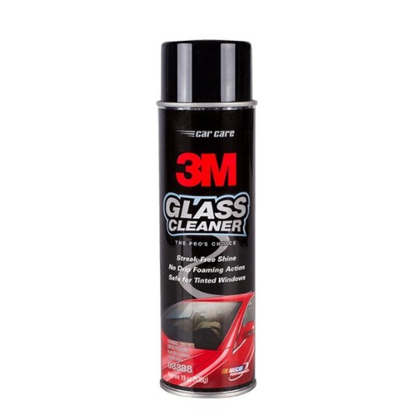 Chai xịt dung dịch vệ sinh kính ô tô 3M 08888 dung tích 500mL, thân đen in chữ Glass Cleaner và hình kính xe, nắp đen