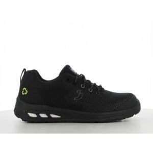 Giày bảo hộ Safety Jogger Ecofitz S1P Low đen nhìn ngang, vải dệt kim tái chế, logo tái chế xanh ở gót, đế PU có vạch trắng