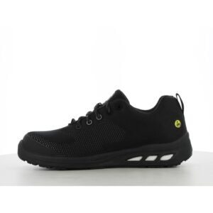 Mặt trong giày Safety Jogger Ecofitz S1P Low đen, logo ESD vàng ở gót, vải dệt kim vân li ti, vạch trắng trên đế