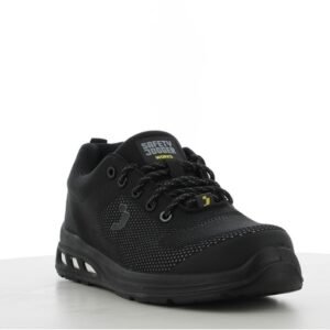 Giày bảo hộ Ecofitz S1P Low góc 3/4 phía trước, mũi dệt kim đen, nhãn Safety Jogger trên lưỡi gà, ba vạch trắng ở đế