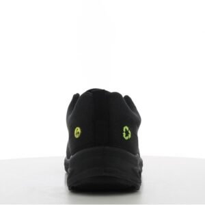Giày Safety Jogger Ecofitz S1P Low nhìn từ phía sau, gót đen có logo ESD và logo tái chế, đế PU đen bản rộng
