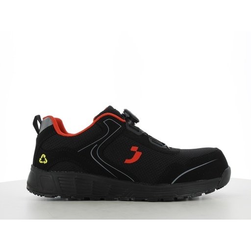 Giày bảo hộ Safety Jogger Ecolobi S1P Low TLS đen nhìn ngang, núm vặn khóa dây, viền đỏ cổ giày, logo J đỏ, đế đen