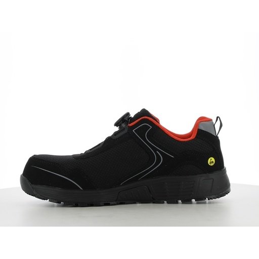 Mặt trong giày Safety Jogger Ecolobi S1P Low TLS đen, viền cổ đỏ, logo ESD vàng gần gót, đế Phylon/Rubber đen