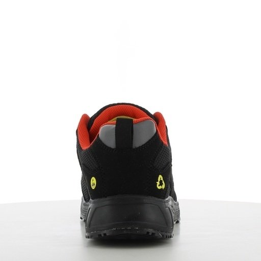 Giày Safety Jogger Ecolobi S1P Low TLS nhìn từ phía sau, lót cổ đỏ, gót đen có logo ESD, đế Phylon/Rubber đen