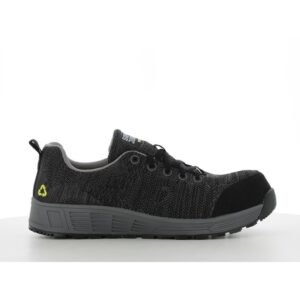 Giày bảo hộ Safety Jogger Econila S1 Low nhìn ngang, thân vi sợi tái chế xám đen, mũi ốp đen, đế Phylon/Rubber xám