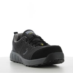 Giày bảo hộ Econila S1 Low góc 3/4 phía trước, mũi ốp đen da lộn, nhãn Safety Jogger trên lưỡi gà, đế xám