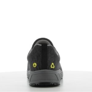Giày Safety Jogger Econila S1 Low nhìn từ phía sau, gót xám đen có quai kéo, logo ESD và logo tái chế, đế xám