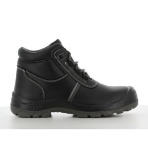 Giày bảo hộ Safety Jogger Eos S3S cổ lửng màu đen nhìn ngang, da Nappa trơn, đường may xám, đế PU/PU xám gai sâu