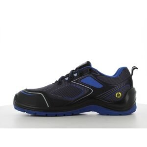 Mặt trong giày Safety Jogger Flow S1P Low màu xanh than, có biểu tượng ESD vàng ở gót, viền phản quang bạc