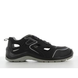 Sandal bảo hộ Safety Jogger Flow S1P TLS màu đen, thân khoét hở hai bên, núm vặn khóa dây, đế PU/PU đen xám