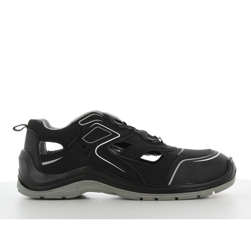 Sandal bảo hộ Safety Jogger Flow S1P TLS màu đen, thân khoét hở hai bên, núm vặn khóa dây, đế PU/PU đen xám