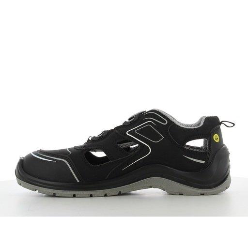 Mặt trong sandal Flow TLS màu đen, các ô khoét hở hai bên hông, viền xám, đế PU/PU đen dày