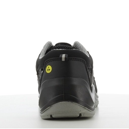 Sandal Safety Jogger Flow nhìn từ phía sau, gót kín đen có viền xám, cổ đệm, đế PU/PU bản rộng