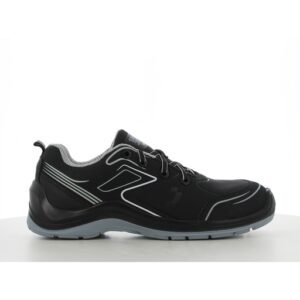 Giày bảo hộ Safety Jogger Flow S3 Low màu đen nhìn ngang, da nubuck tổng hợp, viền phản quang bạc, đế PU/PU xám