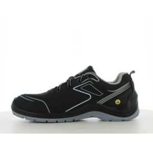 Mặt trong giày Safety Jogger Flow S3 Low màu đen, logo ESD vàng gần gót, đường phản quang bạc, đế xám nhạt