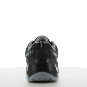 Giày Safety Jogger Flow S3 Low nhìn thẳng từ phía sau, gót đen có quai kéo, viền cổ xám, đế PU/PU xám bản rộng